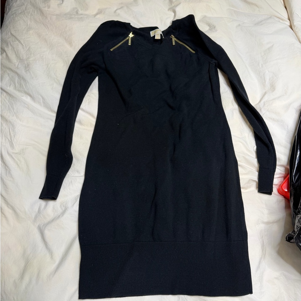 Michael Kors Black Long-Sleeve Knit Dress with Gold Zips